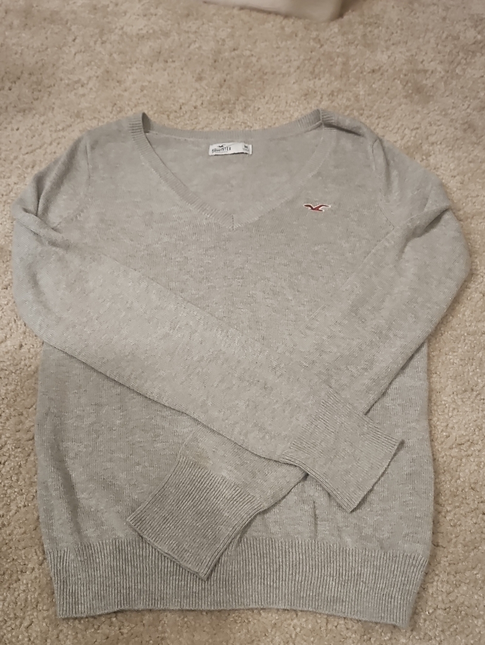 Hollister Light Gray V-Neck Pullover Sweater with Logo